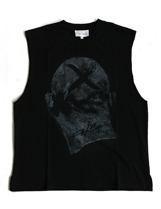 “X HEAD” cut off tee black+charcoal